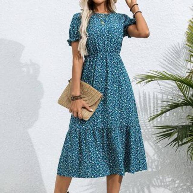 SHEIN Women&#39;s Fashionable Waist-Fitted Printed Short Sleeve Long Dress Maxi Women Outfit