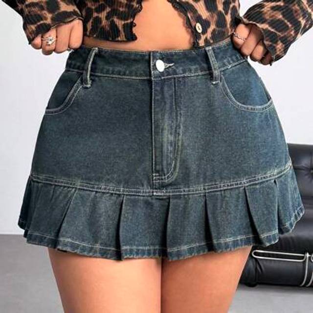 Rivivi Plus Size Women Sexy Denim Mini Skirt, Street Style