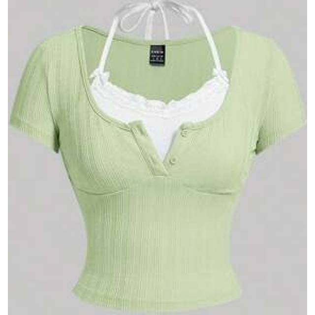 SHEIN Coquette Kawaii Ballet Bow Lace Trim Short Sleeve 2 In 1 T-Shirt Summer Women Tops