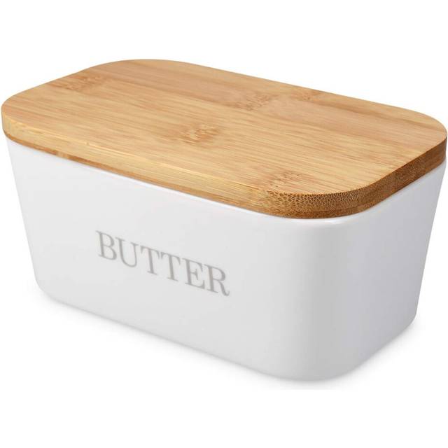 Navaris Ceramic Butter Dish - Ceramic Butter Container 16 x 10 x 7.5 cm with Bamboo Lid - Airtight Box - Silicone Ring