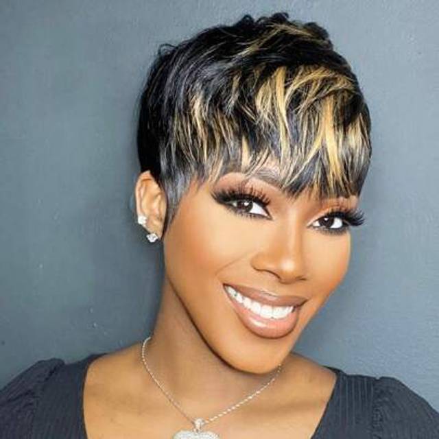 SHEIN Chic Pixie Cut Wig With Bangs For Women 180% Density Brazilian Remy Human Hair Glueless Layered Short Style In Natural Black Burgundy & Honey Blonde M