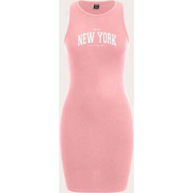 SHEIN Women&#39;s Casual Simple English Letter Pattern Round Neck Sleeveless Bodycon Mini Dress, Suitable For Summer,Pastel Dresses For Women