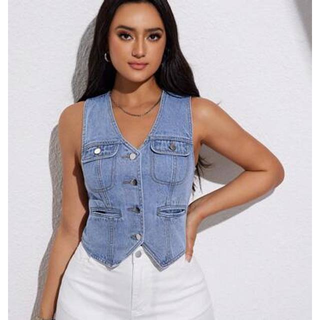 SHEIN Women&#39;s Fashionable Solid Color Sleeveless Denim Vest Top