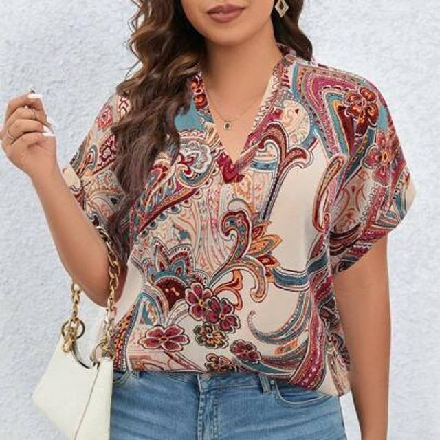 SHEIN Plus Size Full Printed Batwing Sleeve Blouse For Summer