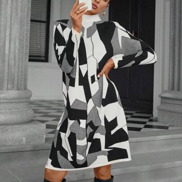 SHEIN Geometric Pattern High Neck Color Block Bodycon Slim Fit Long Sleeve Sweater Dress
