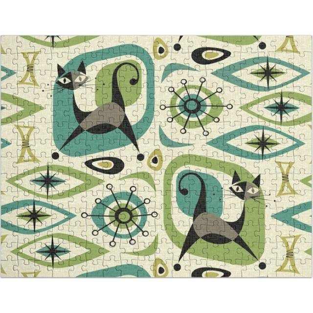 (Mid Century Cat Abstract - Lime and Teal=4851) Jigsaw Puzzle Wooden 300-Piece for Adults Kids Seniors- Home Decor Family Activity Game Wall Art 38x26