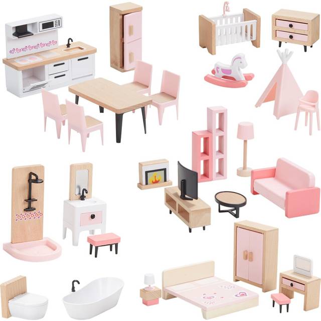 Giant bean Wooden Dollhouse Furniture Set, 32pcs Furnitures, Dollhouse Accessories Pretend Play Furniture Toys for Boys Girls & Toddlers 3Y+, Pink