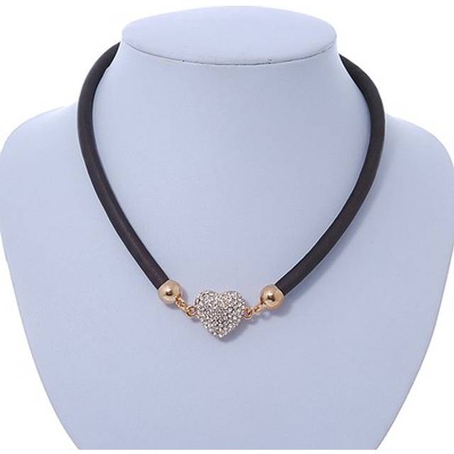 Black rubber necklace with crystal heart magnetic closure (gold tone) - 38cm l