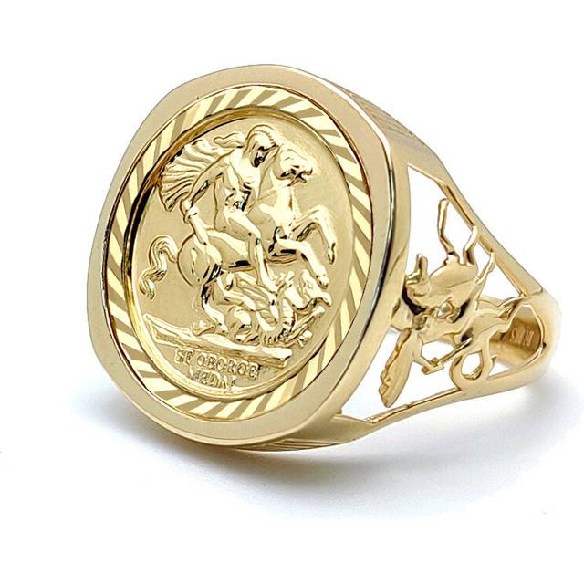 (L) Jewelco London Men's Solid 9ct Gold Dragon Slayer St George & Dragon Medallion Ring (Half Sov Size)
