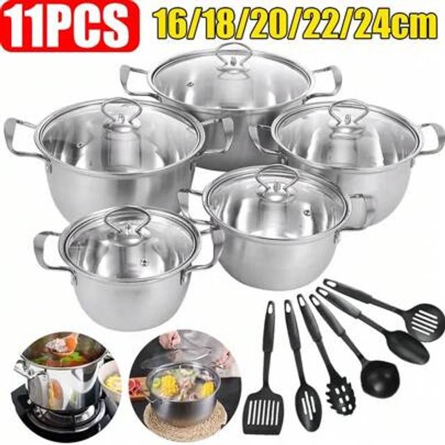 SHEIN 11-Piece Stainless Steel Kitchen Induction Pot With Lids Cookware Set, Non Stick Kitchen Cookware Sets With Kitchen Utensils
