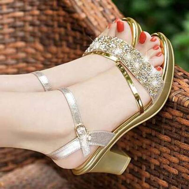 SHEIN Party Party Chinese Style Glitter Women&#39;s Rhinestone Thick Heel Open Toe Summer Party Sandals, Transparent Chunky Heeled Fashion Metal Strap Shoes Sui