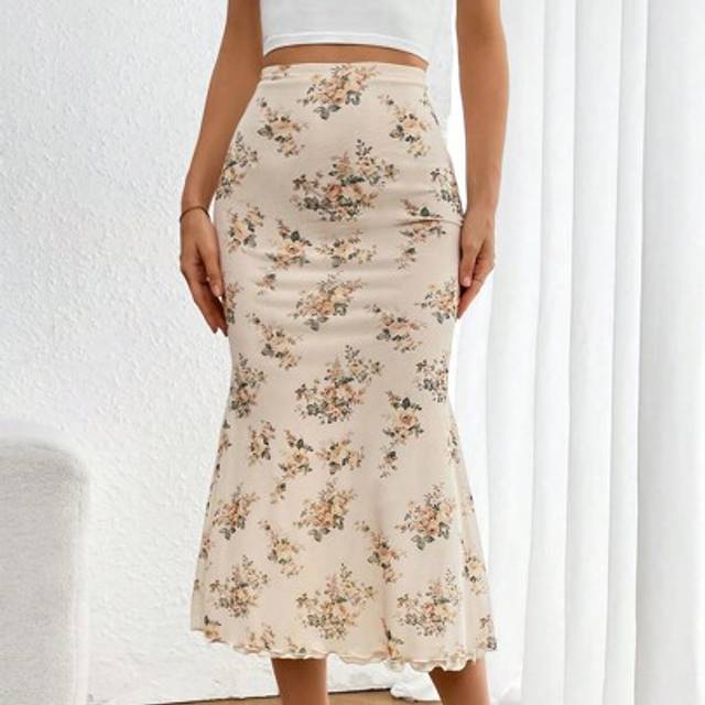 Firerie Ladies&#39; Floral Print Elastic Waistband Mesh Skirt With Mermaid Hem