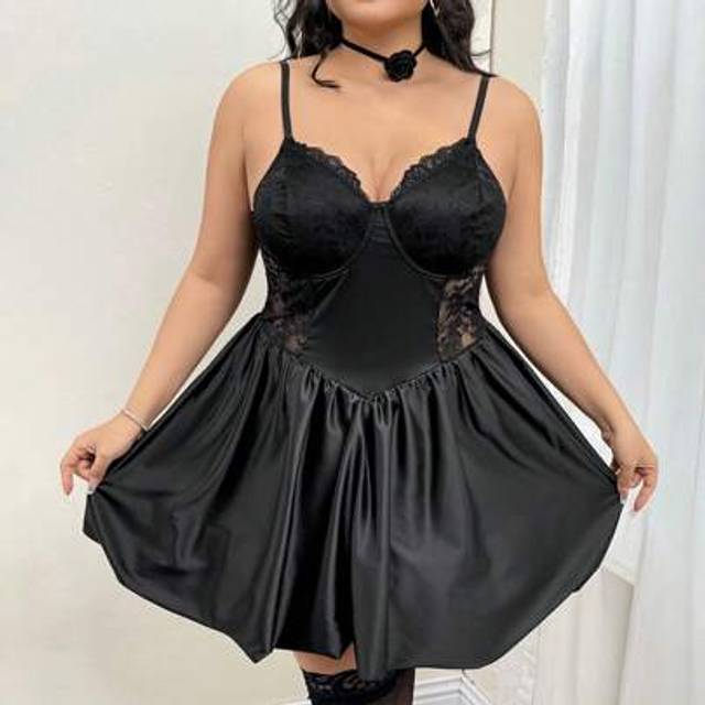 SHEIN Plus Size Lace Cup Waist-Tie Peplum Midi Dress