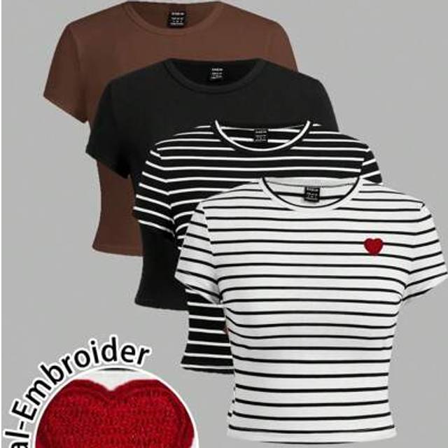 SHEIN 4pcs Casual Minimalist Red Heart, Solid, Black White Stripe Versatile Pattern Round Neck Short Sleeve Cropped Fitted Women T-Shirts, Suitable For Spri