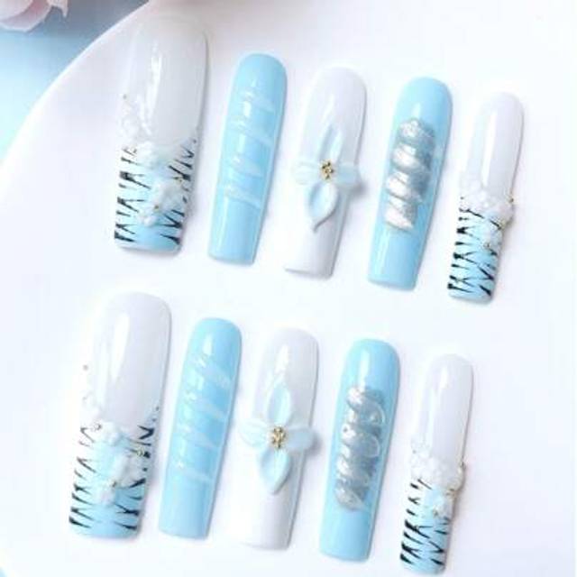 SHEIN 10Pcs Handmade Press On Nails Kit Long Coffin Yellow Line Art Cherry Bling Glitter Glistening Iridescent Luxurious Rhinestone Decor Japanese Style Mod
