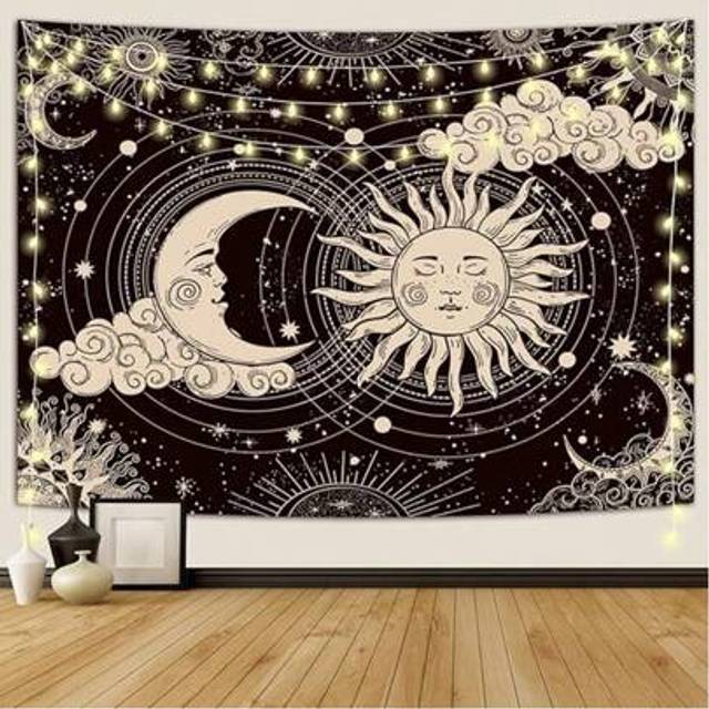 SHEIN 1 Pc Yellow Sun And Moon Tapestry Vintage Boho Tapestry Wall Hanging With Sunflowers Butterfly Moth Constellation Aesthetic Wall Tapestries For Bedroo