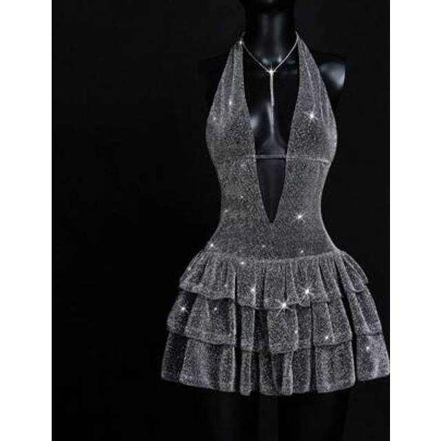SHEIN Silver Graduation Summer Party Backless Deep V Halter Back Cut-Out Metallic Ruffled Hem Mini Dress