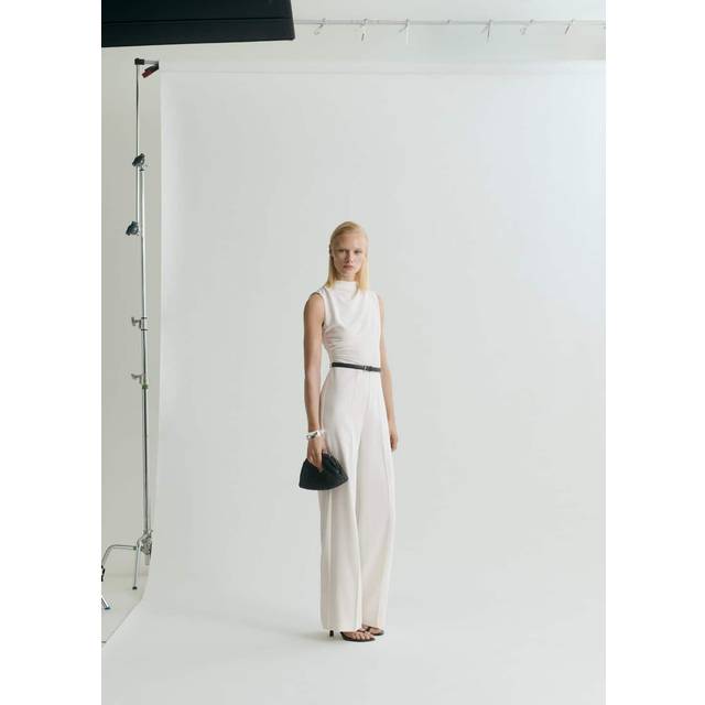 Long jumpsuit with draped neck and belt off white - Woman - S - MANGO - Off White