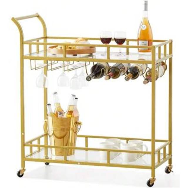 SHEIN Bar Cart Gold, 2 Tiers Home Bar Serving Cart On Lockable Wheels, Rolling Alcohol Cart With Tempered Glass Shelves Guardrail Wine Rack, Modern Wine Car