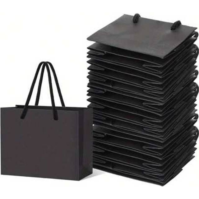 SHEIN 10Pcs Black Kraft Paper Bags With Handles, Black Gift Bags, Solid Color Gift Bag, Mini Portable Small Shopping Bags For Boutique, Wedding Party Favor