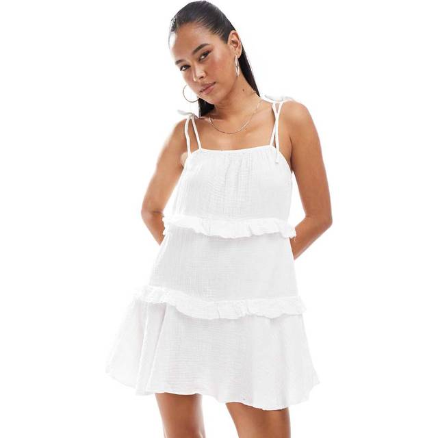 New Look Women's White Tie Strap Ruffle Trimmed Mini Dress - UK 8
