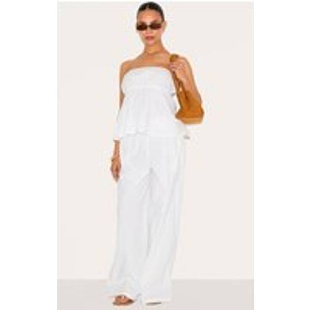 Petite White Linen Look Floaty Wide Leg Trousers, White - 6
