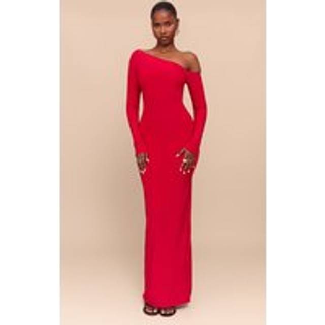 Red Double Slinky Asymmetric Neckline Maxi Dress, Red - 8