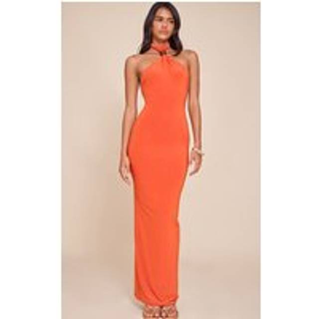 Burnt Orange Slinky Bead Detail Halter Maxi Dress, Orange - 8