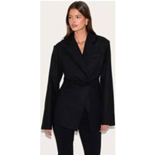 Black Linen Tailored Cinched Waist Blazer, Black - 12