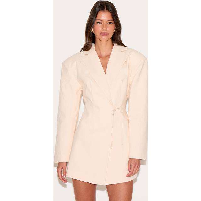 Cream Linen Blend Tie Detail Blazer Dress, White - 12