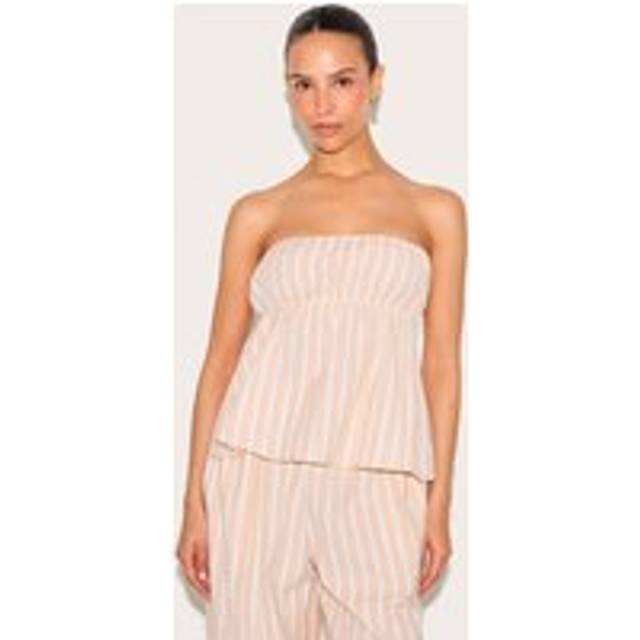 Petite Stone Pinstripe Linen Look Peplum Bandeau Top, White - 6