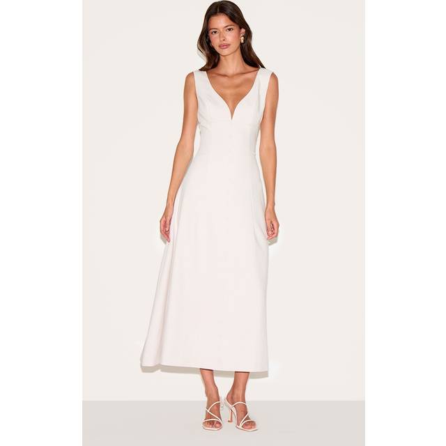 Cream Tailored Woven Plunge Button Down Midi Dress, White - 10