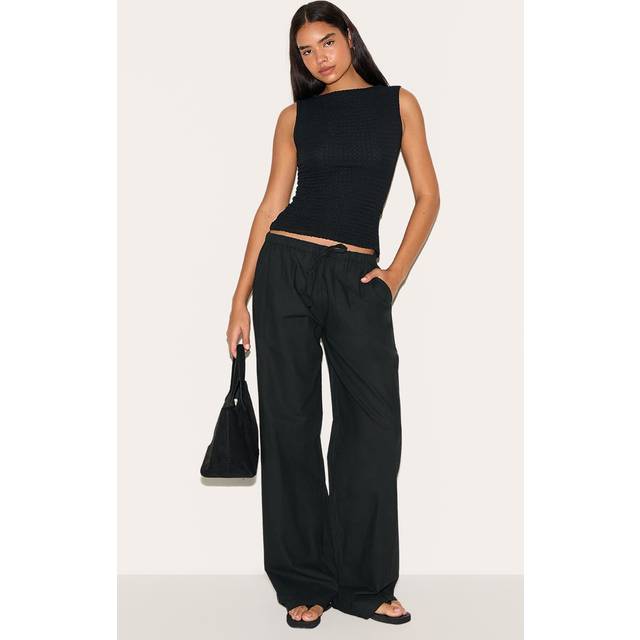 Tall Black Linen Drawstring Waist Trousers, Black - 16