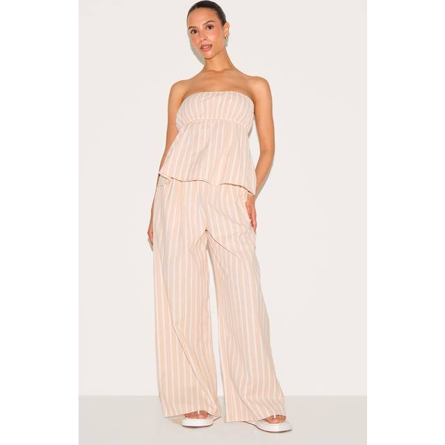 Petite Stone Pinstripe Linen Look Floaty Wide Leg Trousers, White - 6