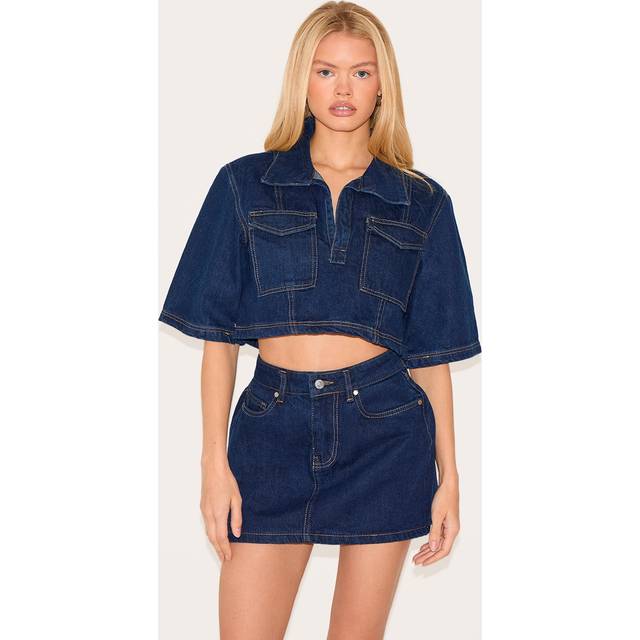 Indigo Contrast Stitch Cropped Denim Shirt, Indigo - 16