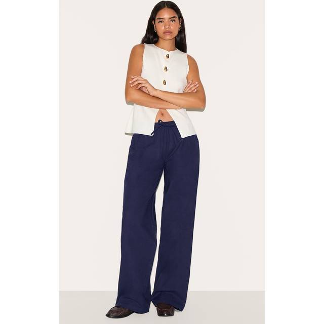 Tall Navy Linen Drawstring Waist Trousers, Blue - 8