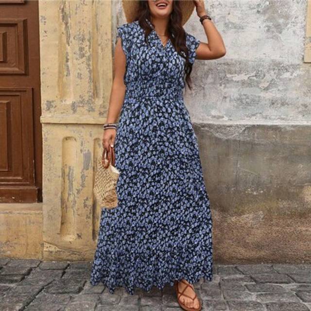 SHEIN Plus Size Flower Printed Shirred Swing Casual Summer Holiday Dress Maxi Women Outfit