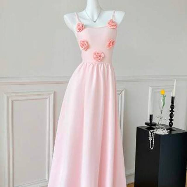 Sommar Ny Elegant Och Mode 3D Blommig Enfärgad Patchwork Kvinnor Slip Dress - Rosa (L,M,S,XS)