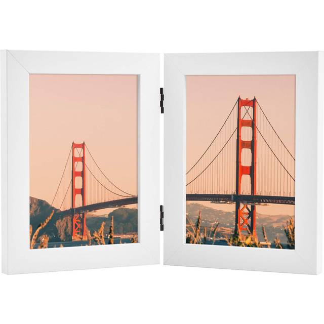Frametory  5x7 Double Picture Frame Hinged 2 Photos Frame Collage  Desk Picture Frame with Glass  Side by Side Frame Vertical (White  1 Pack)