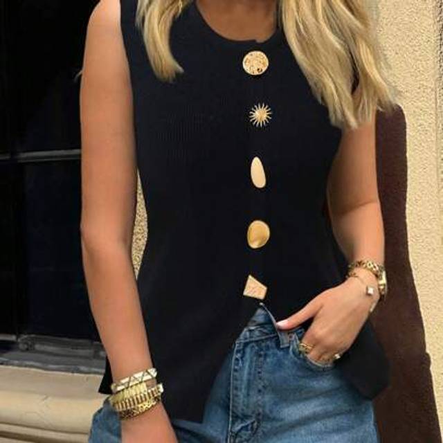 SHEIN Vintage Chic Fashionable Elegant Metal Button Open Front Solid Color Sleeveless Round Crew Neck Business Jacket Work Waistcoat Slim Top Tank Knit Vest