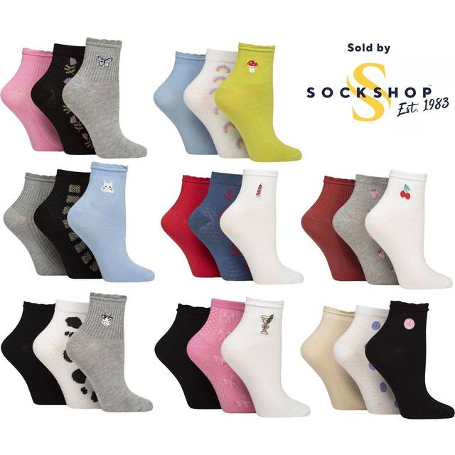 Women's 3 Pair SOCKSHOP Frill Welt Ribbed Bamboo Anklet Socks Butterfly 4-8 - Assorted