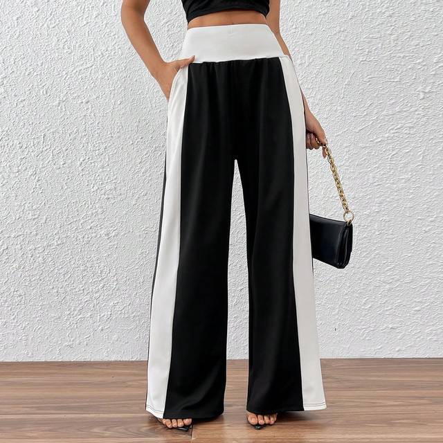 Chiquease Black & White Patchwork High Waist Wide Leg Casual Pants, Loose Fit Slimming Fashion Versatile Niche Designer Style