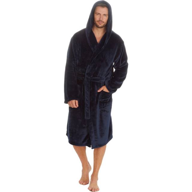 (Navy Hooded, XXL) Mens Plain Hooded Shawl Collar Dressing Gown Plush Fleece Robe Big & Tall Plus Sizes M-5Xl