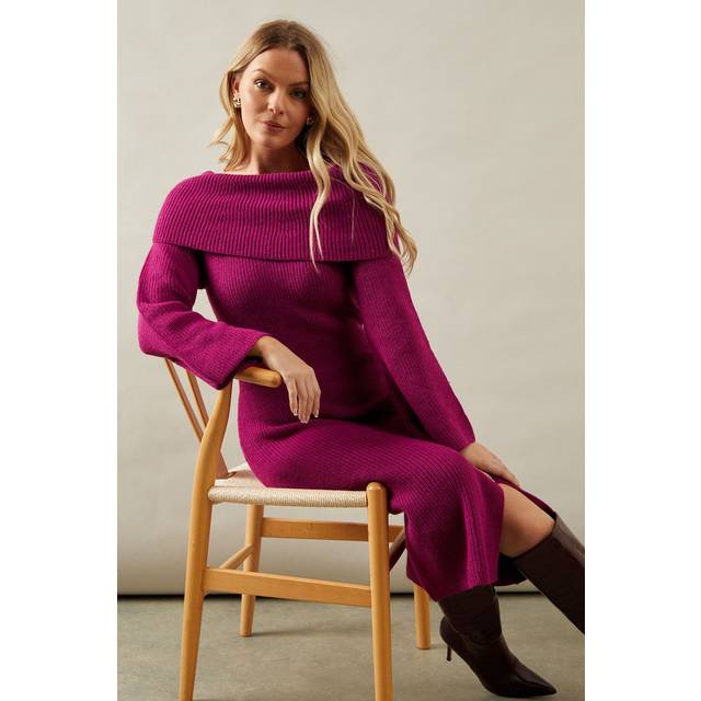Womens Bardot Midi Knitted Jumper Dress - Aubergine - XL