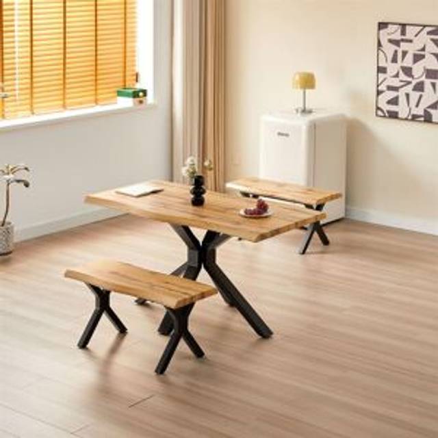 Kosy Koala Wooden Dining Table And 2 Benches Set With X-shaped Iron Legs, Curved Edge(117X77X75Cm), Multi