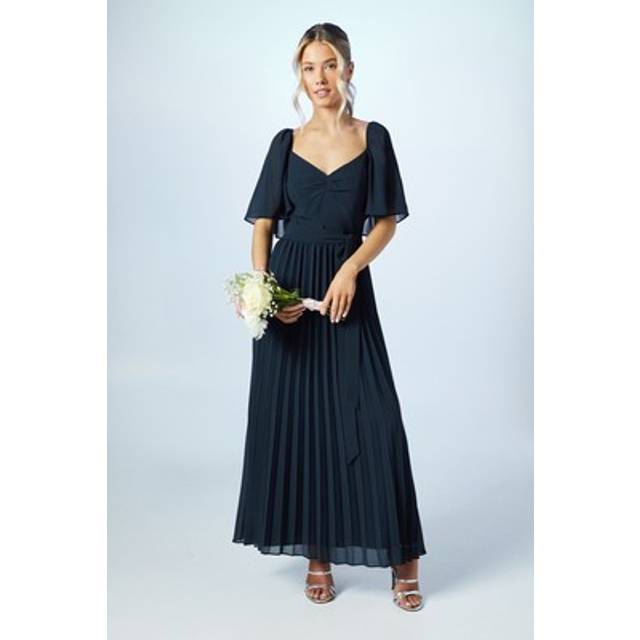 Teen Pleated Georgette Angel Sleeve Bridesmaids Dress - Navy - 14-15 yrs