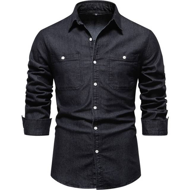 (Black, XL) Mens Long Sleeve Denim Shirts Button Down Western Casual Flap Pocket Top