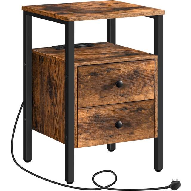 Hoobro - Bedside Table, Side Table with Charging Station, 2 usb Ports and 2 Sockets, End Table with 2 Drawers, Sofa Side Table, Nightstand for Living