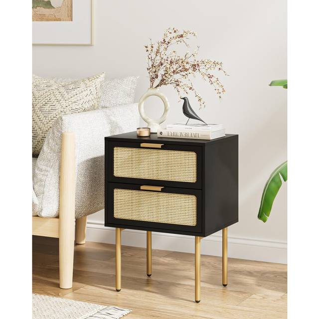 HEYZOEY Bedside Table,Side Table with 2Drawer,Black Bed Side Table,Bedside Furniture,Rattan Bedside Cabinet,End Table for Bedroom, Living Room