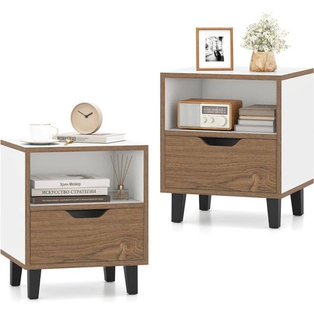 Mid Century Modern Nightstand Set of 2 with Drawer and Open storage Shelf-White